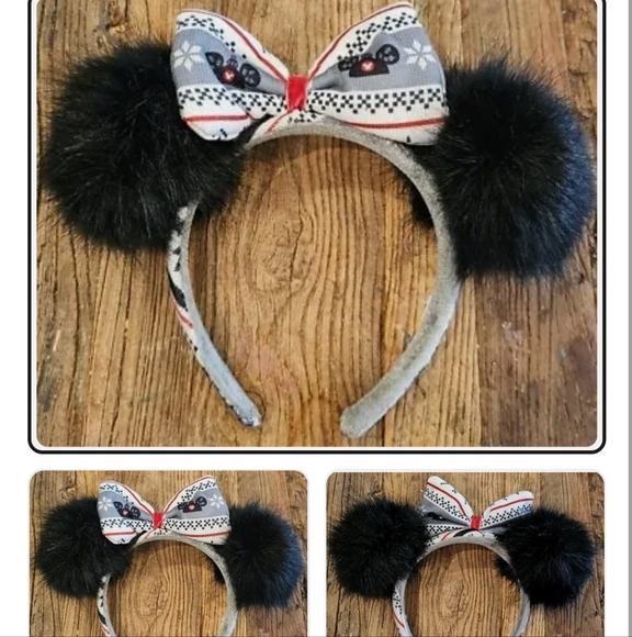 New Disney Minnie Mouse Black Pom Pom Holiday Christmas Sweater Headband w/ Bow
